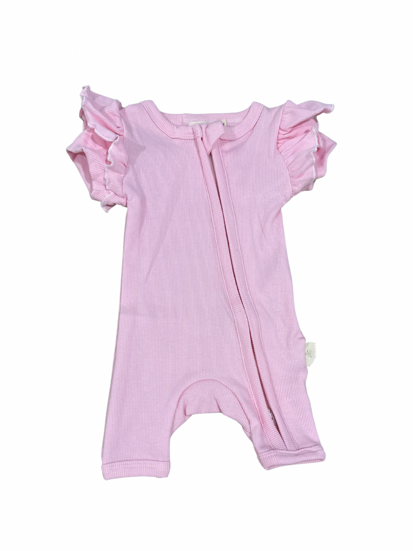 Ribbed Ruffle Zippy Romper in Pink Aster